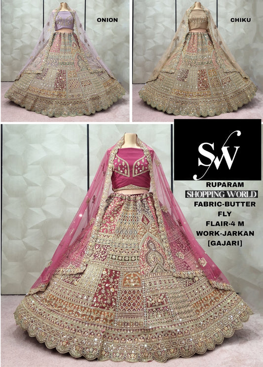 Pleasing Onion pink Gajri pink Chiku golden Butter Lehenga