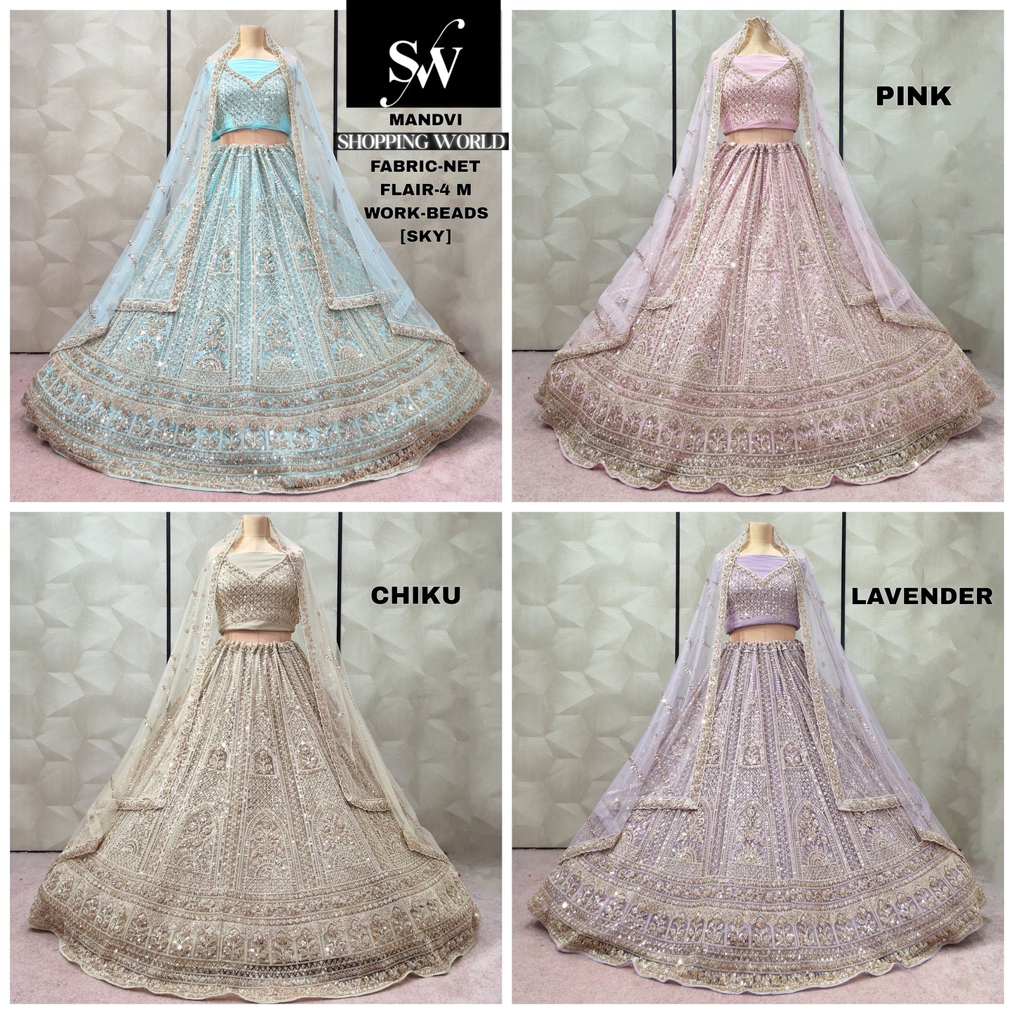 Pretty Sky blue Pink Chiku golden Lavender Lehenga