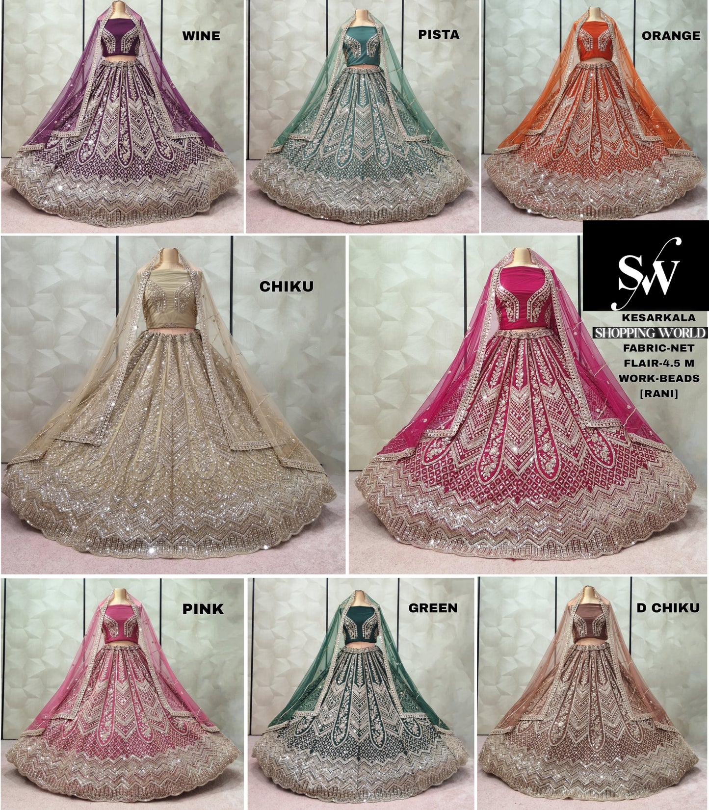 Khoobsurat wine Pista green Orange Chiku golden Rani pink Pink Green Dark chiku golden Net Lehenga