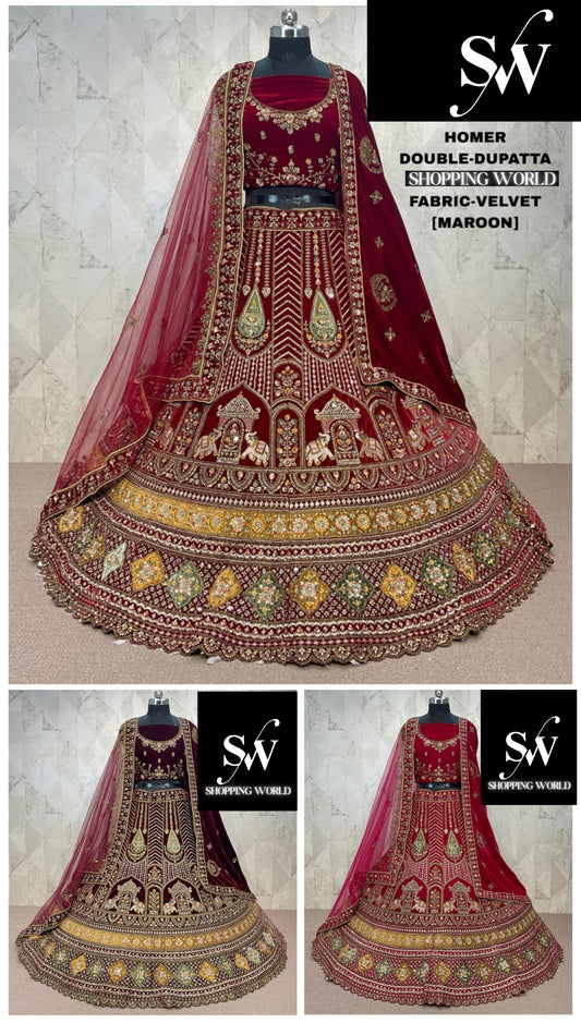 Lavishing maroon Double Duptta Gajraj Velvet Bridal Lehenga
