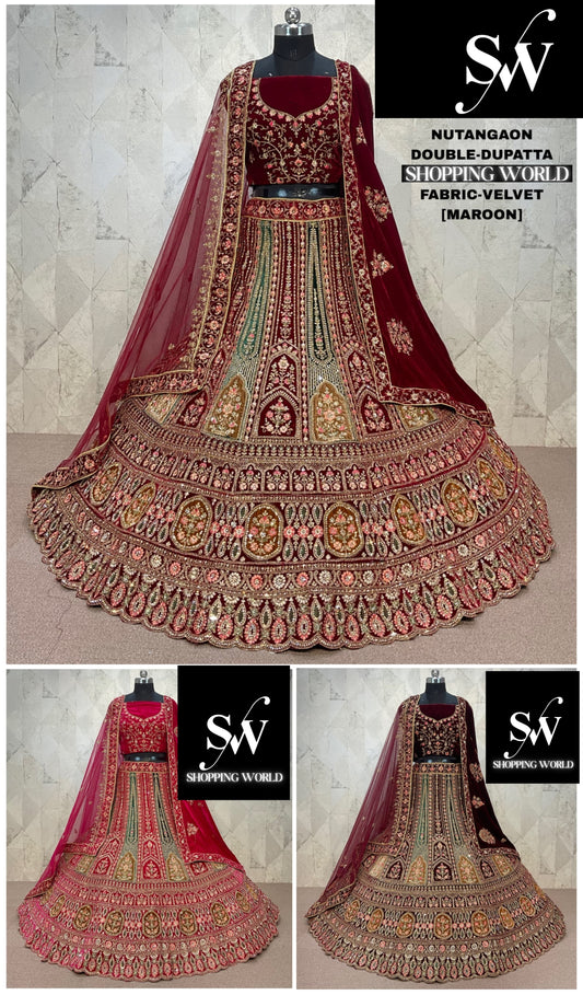 Pretty Maroon Double Duptta Velvet Bridal Lehenga