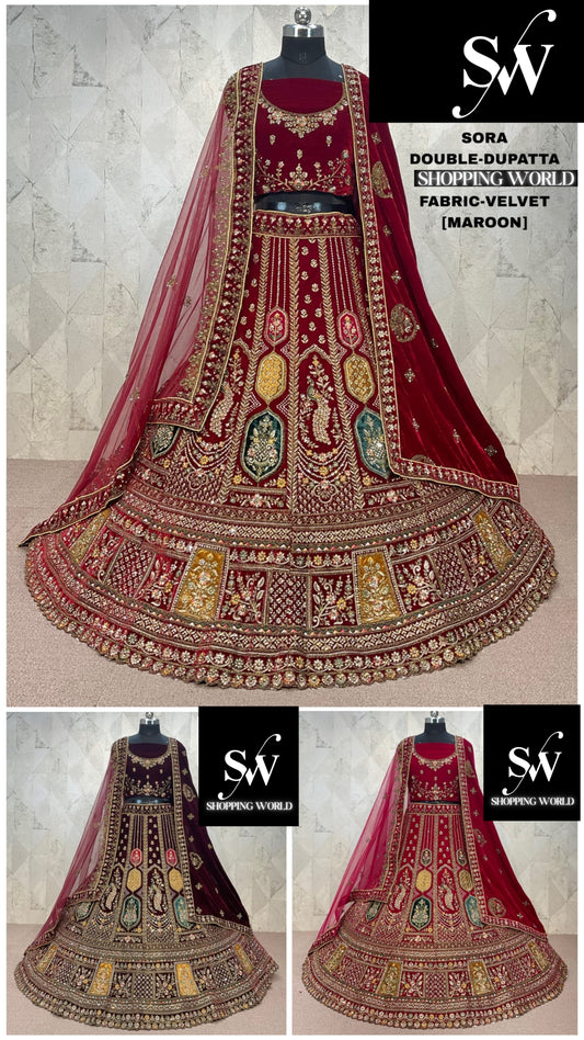 Lovely Maroon peacock Double Duptta Velvet Bridal Lehenga