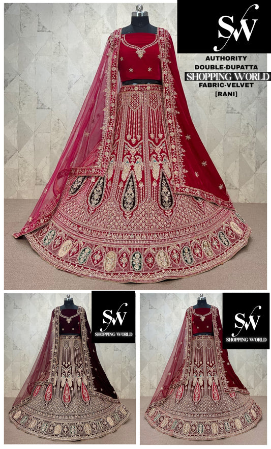 Glamorous Rani pink peacock Double Duptta Velvet Bridal Lehenga