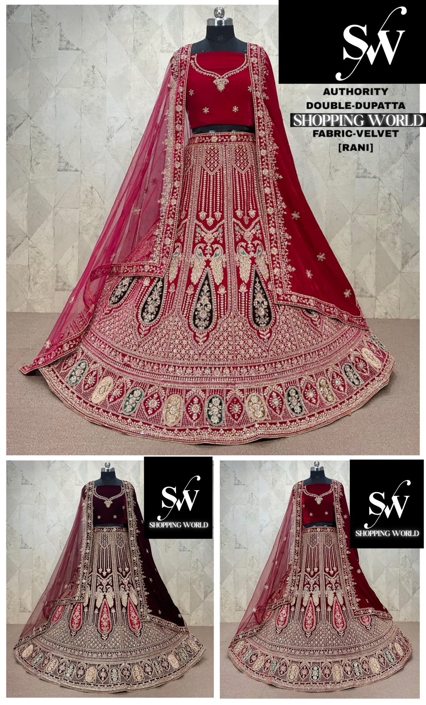 Glamorous Rani pink peacock Double Duptta Velvet Bridal Lehenga