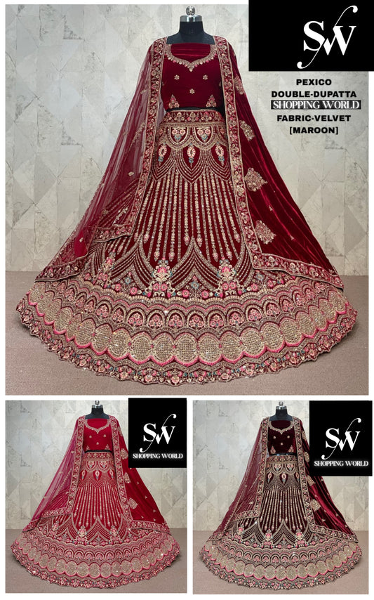 Astonishing maroon Double Duptta Velvet Bridal Lehenga