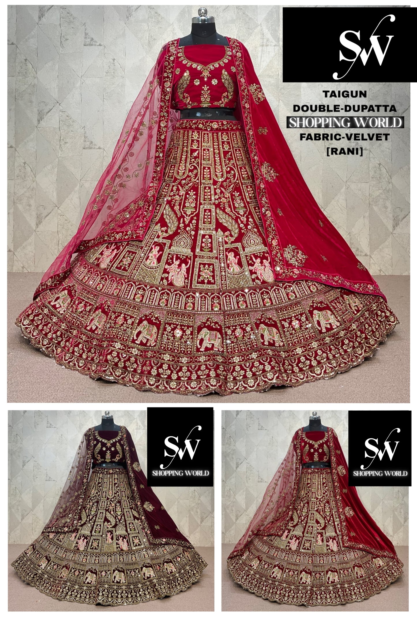 Fabulous Rani pink peacock Double Duptta Velvet Bridal Lehenga