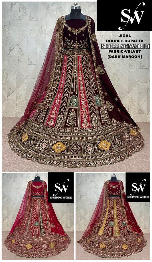 Fantastic Dark maroon Double Duptta Velvet Bridal Lehenga