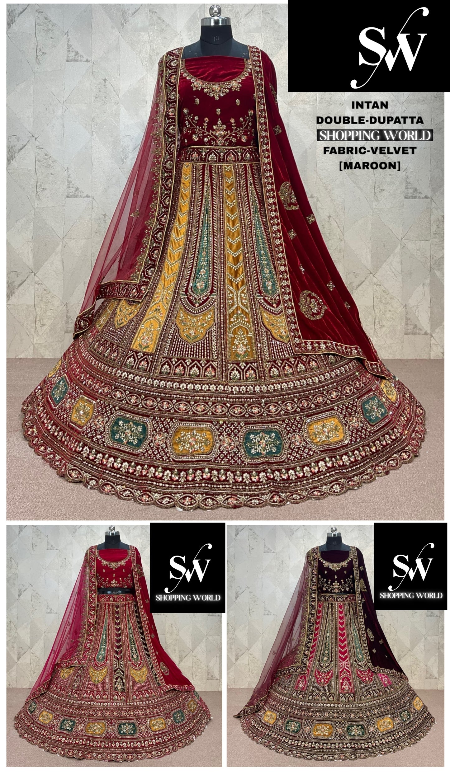 Amazing maroon Double Duptta Velvet Bridal Lehenga
