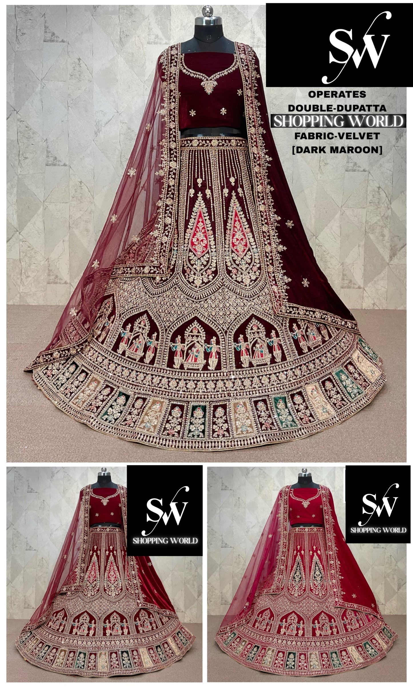 Engaging Dark maroon Double Duptta Velvet Bridal Lehenga