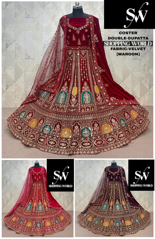 Elegant Rani pink Double Duptta Velvet Bridal Lehenga