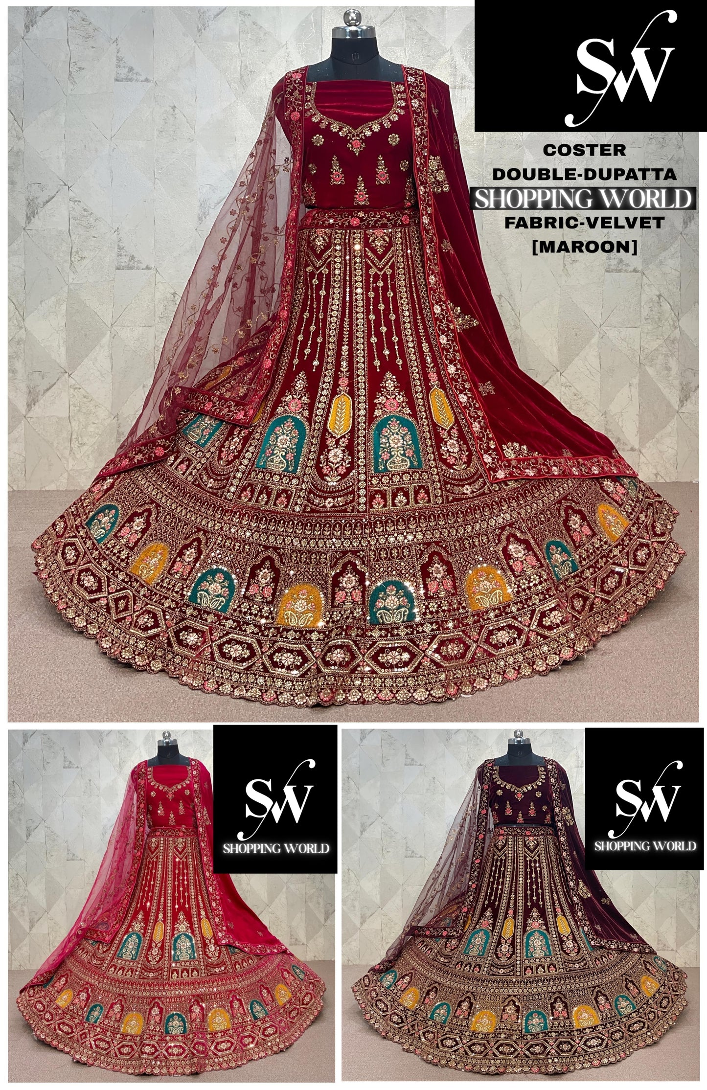 Elegant Rani pink Double Duptta Velvet Bridal Lehenga