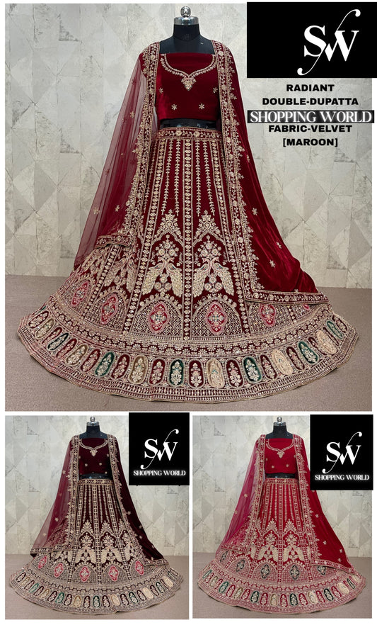 Delightful maroon peacock Double Duptta Velvet Bridal Lehenga