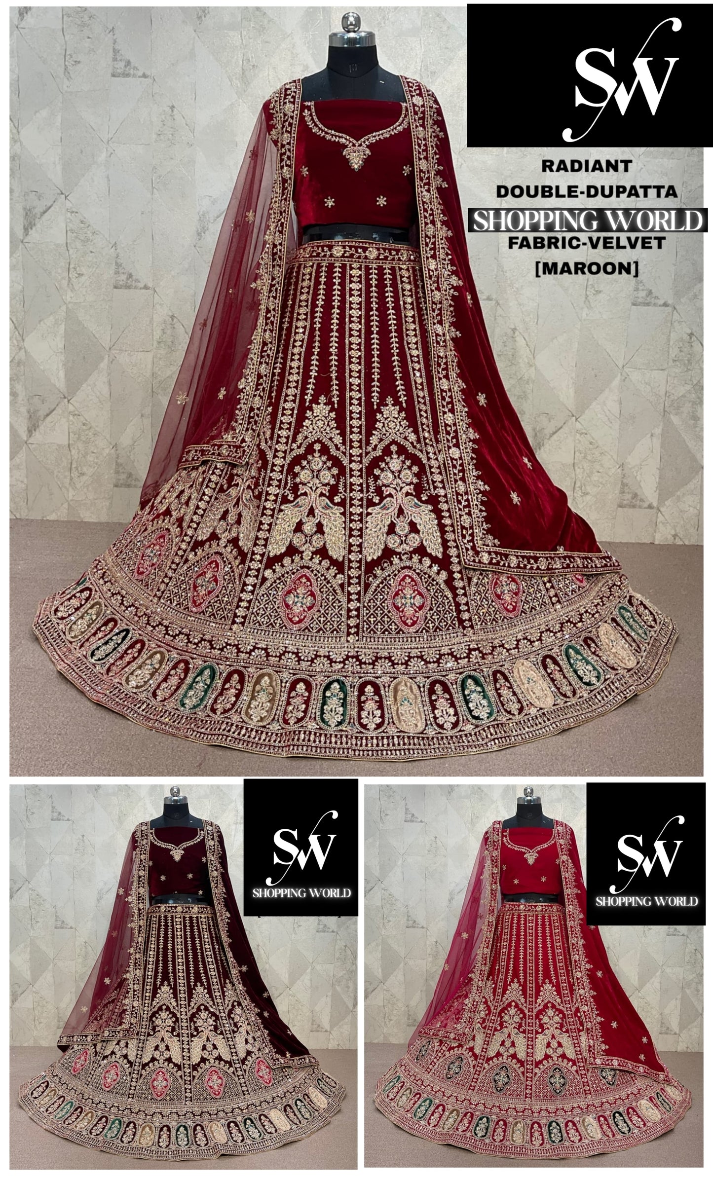 Delightful maroon peacock Double Duptta Velvet Bridal Lehenga