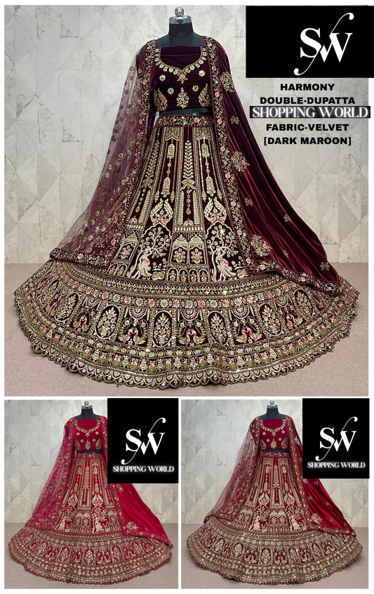 Embellished Dark maroon Double Duptta Velvet Bridal Lehenga