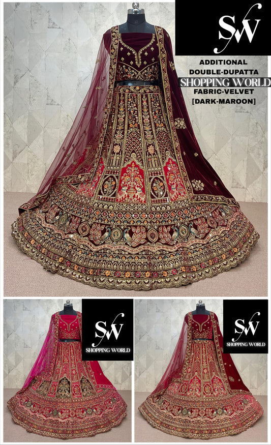 Somthing different Dark maroon Double Duptta peacock Velvet Bridal Lehenga