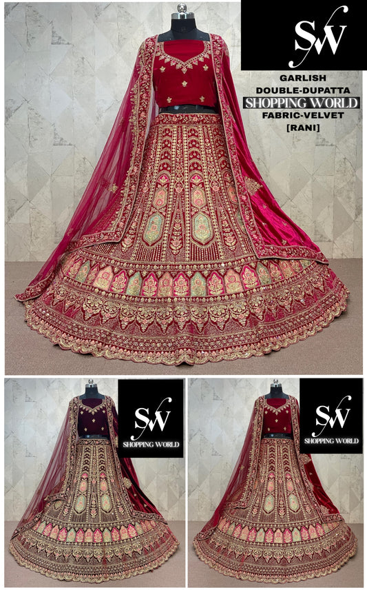 Eye catching Rani pink Double Duptta peacock Velvet Bridal Lehenga