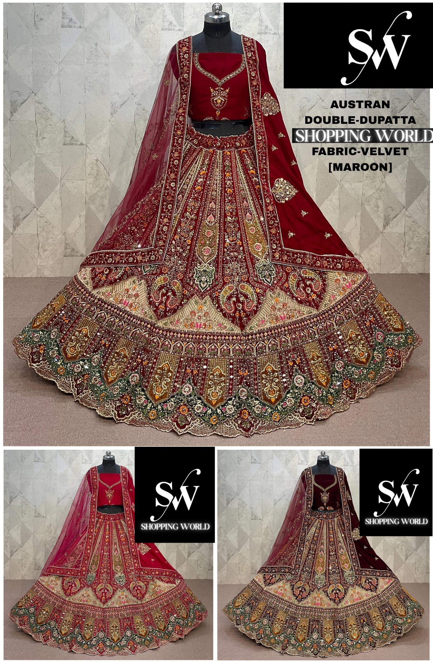 Majestic maroon Double Duptta Velvet Bridal Lehenga