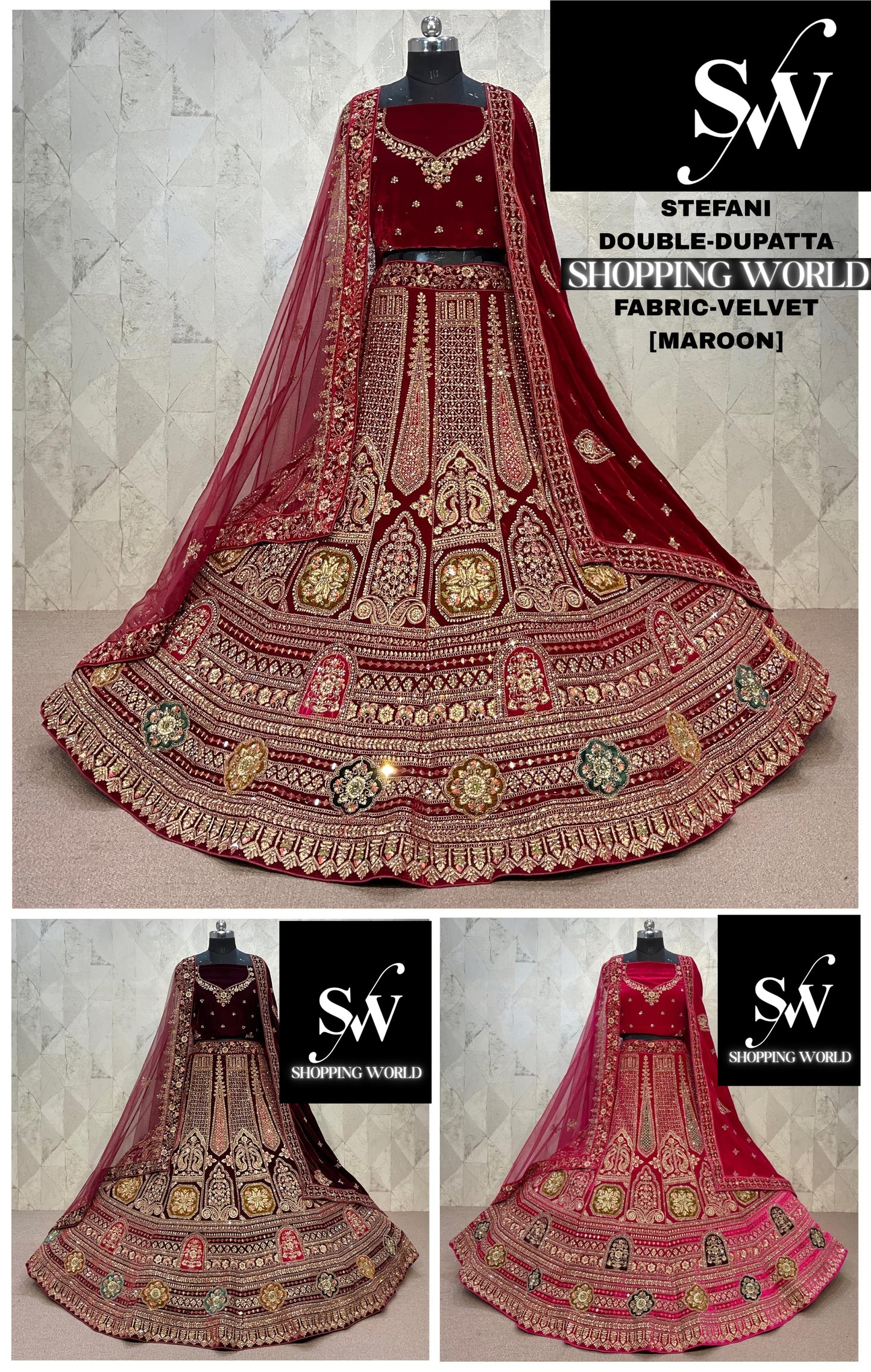 Pleasing maroon Double Duptta Velvet Bridal Lehenga