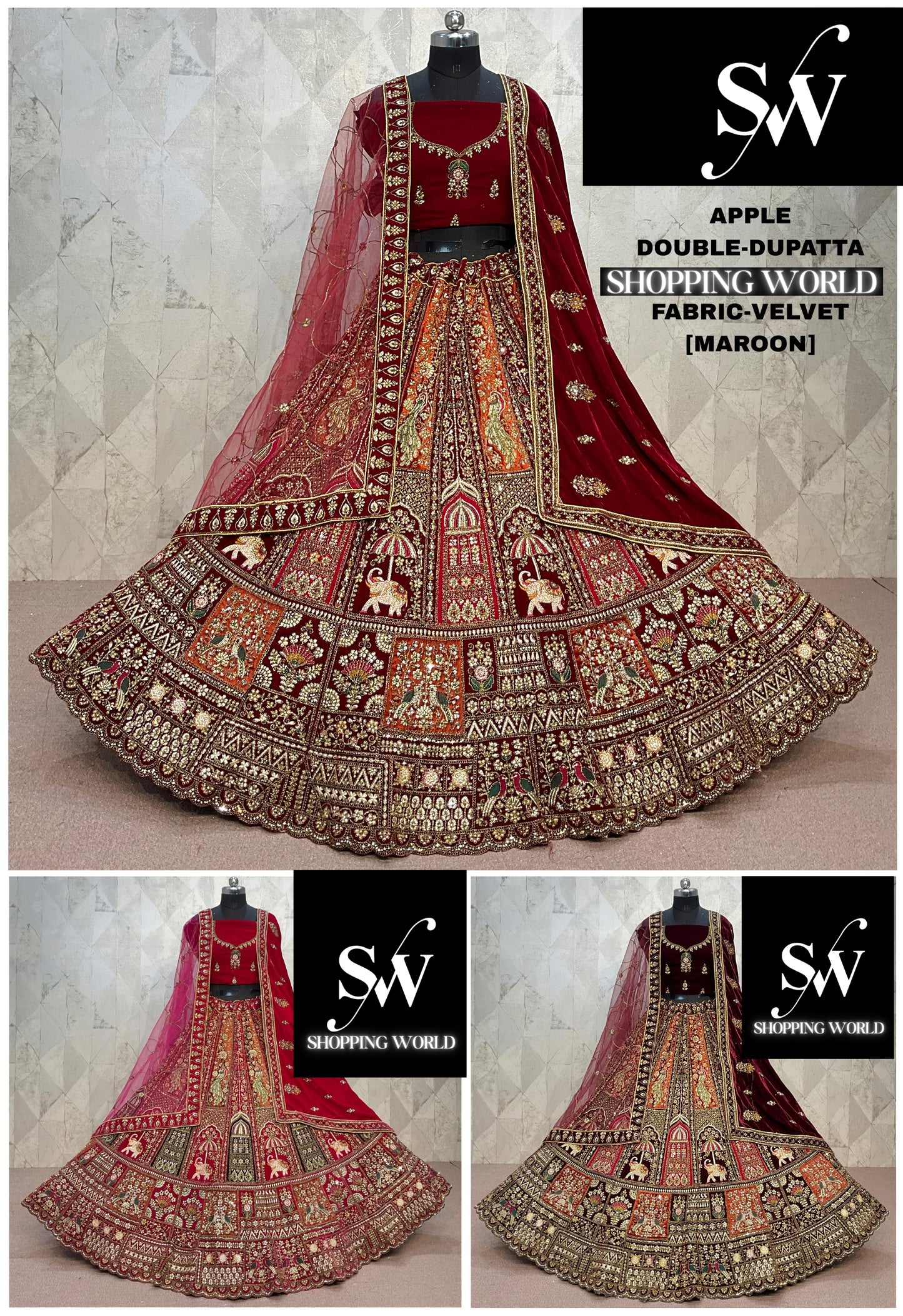 Designer Bridal maroon Double Duptta Velvet elephant Lehenga