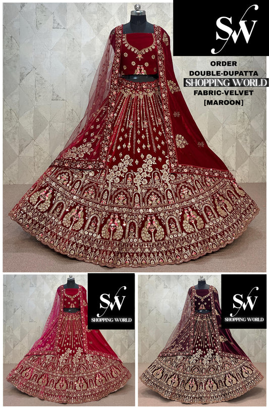 Beautiful maroon Double Duptta peacock Velvet Bridal Lehenga