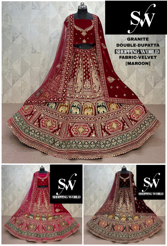 Lovely maroon Double Duptta peacock Velvet Bridal Lehenga