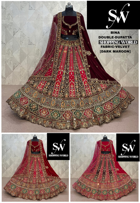 Good looking Dark maroon Double Duptta Velvet Bridal Lehenga