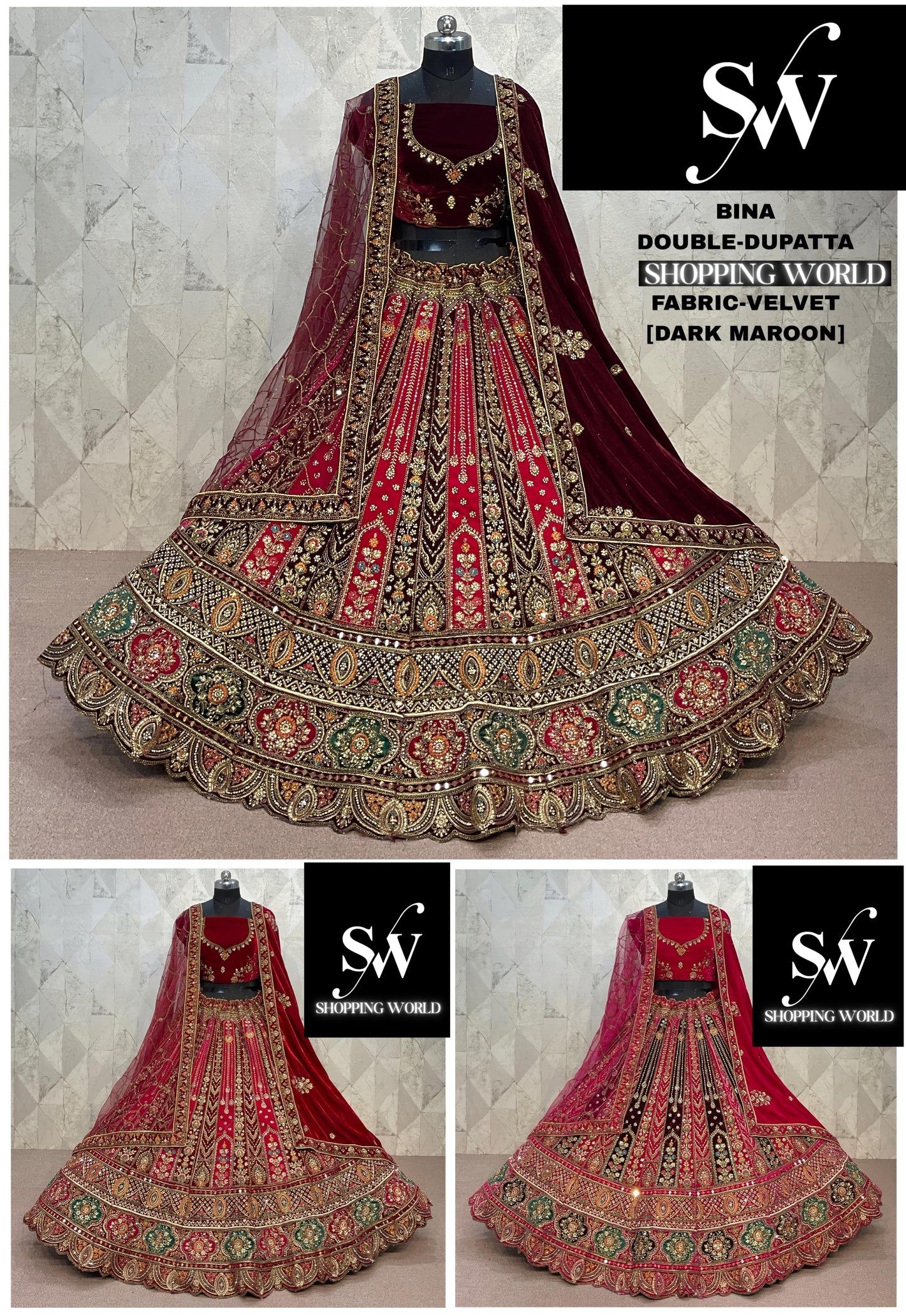 Good looking Dark maroon Double Duptta Velvet Bridal Lehenga