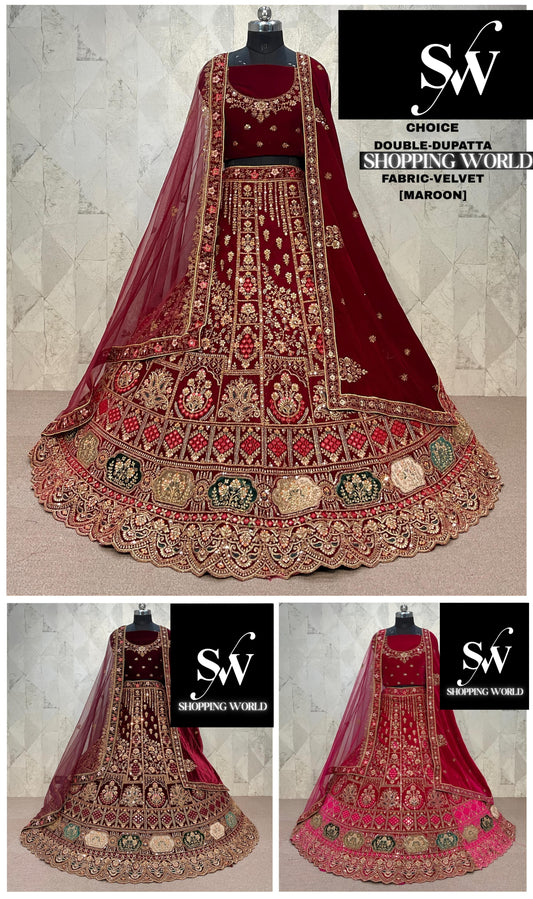 Stunning maroon Double Duptta Velvet Bridal Lehenga