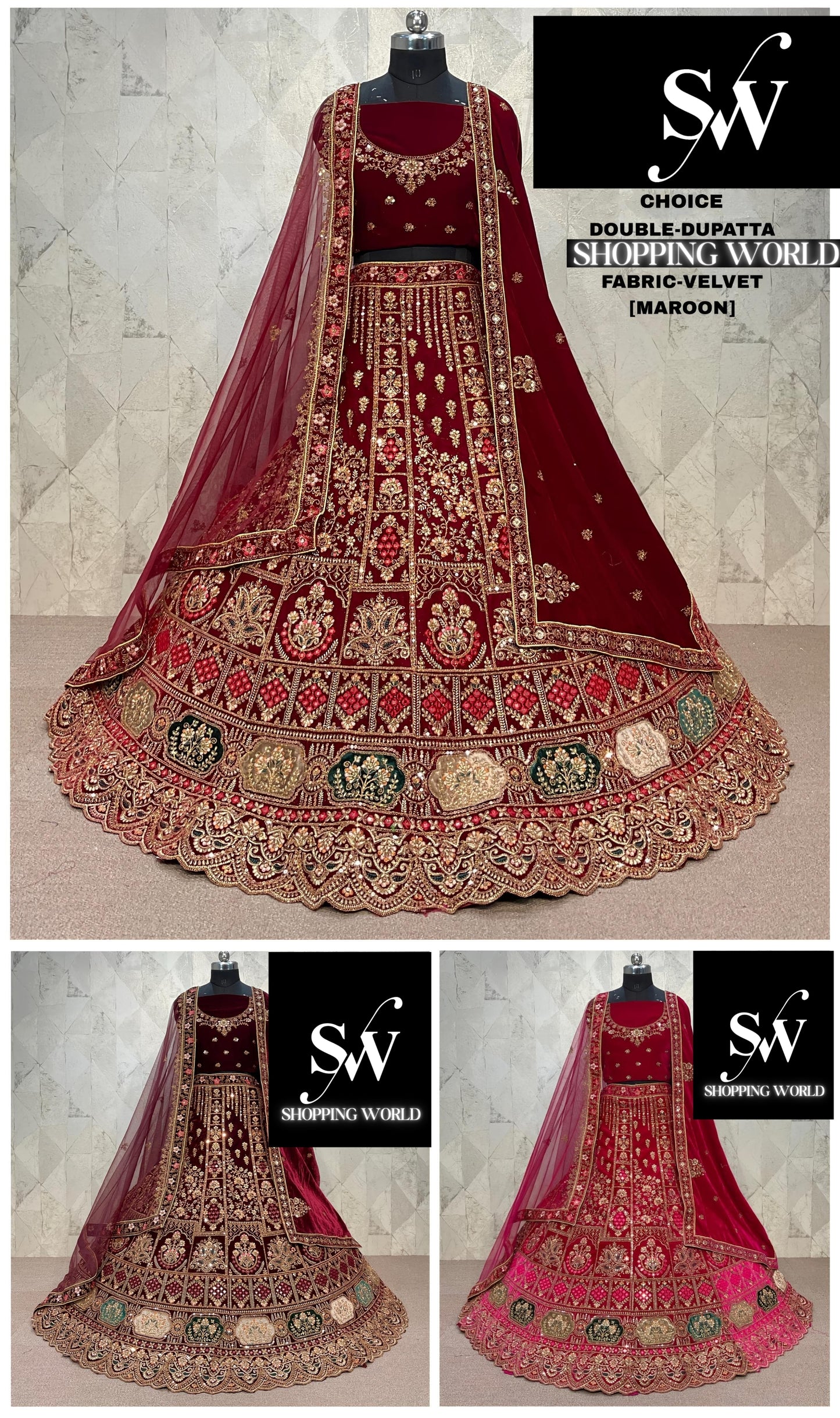 Stunning maroon Double Duptta Velvet Bridal Lehenga