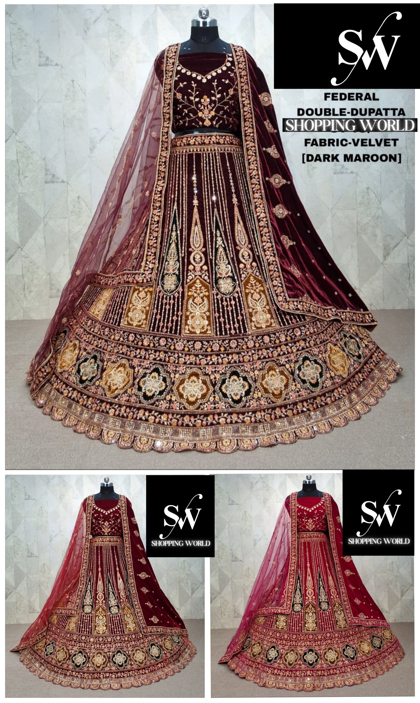 Attractive maroon Double Duptta Velvet Bridal Lehenga