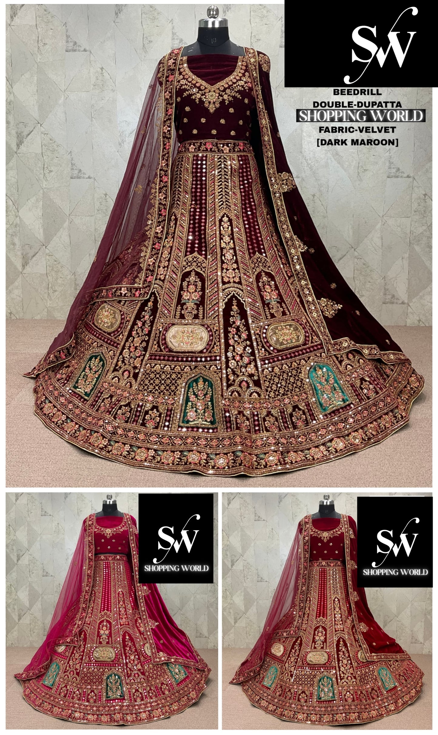 Fantastic Dark maroon Double Duptta Velvet Bridal Lehenga
