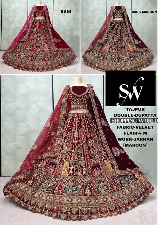 Khoobsurat Maroon Dark maroon Rani pink Double Duptta Velvet Bridal Lehenga