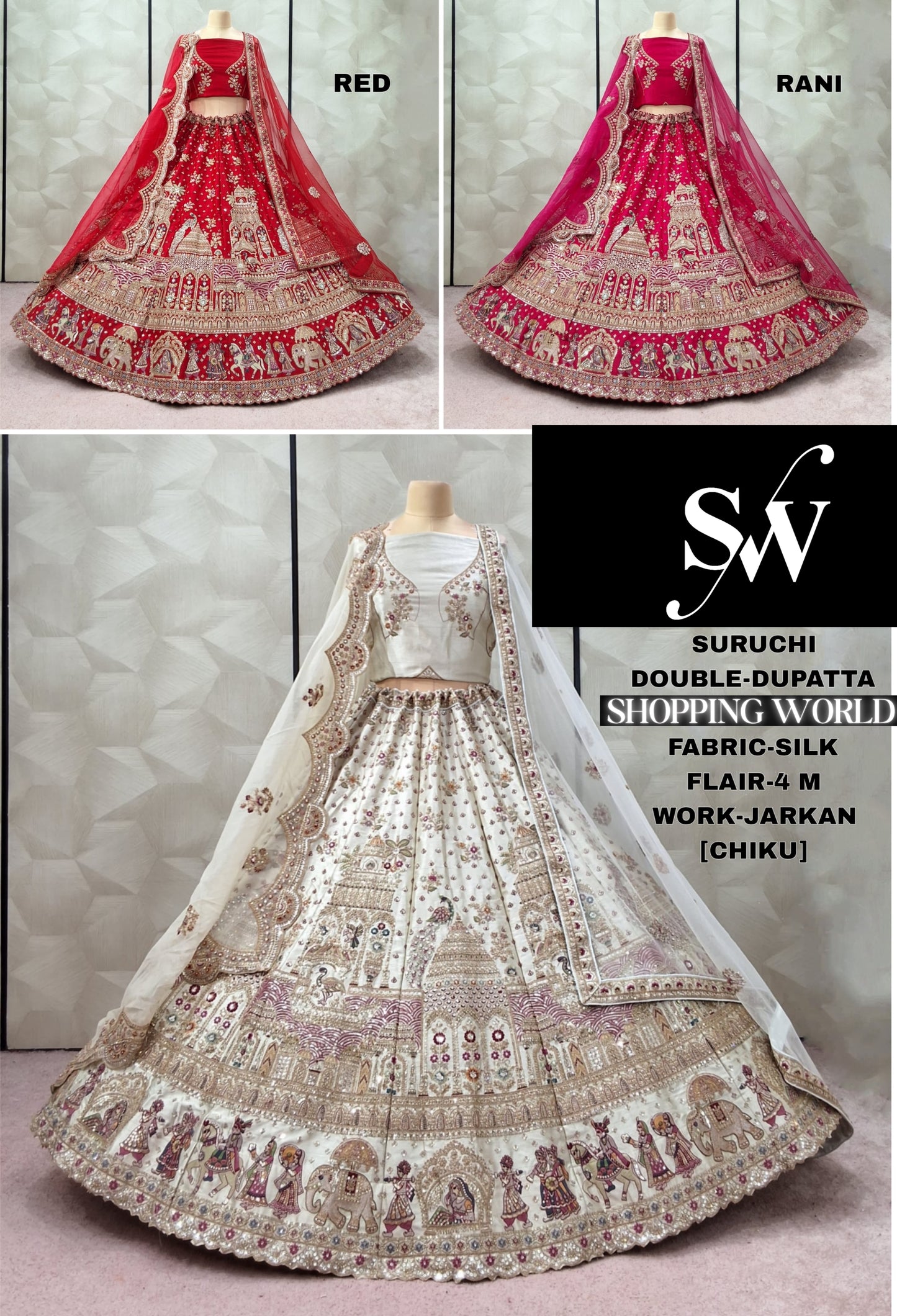 Lovely Red Rani pink White peacock Double Duptta Silk Bridal Lehenga