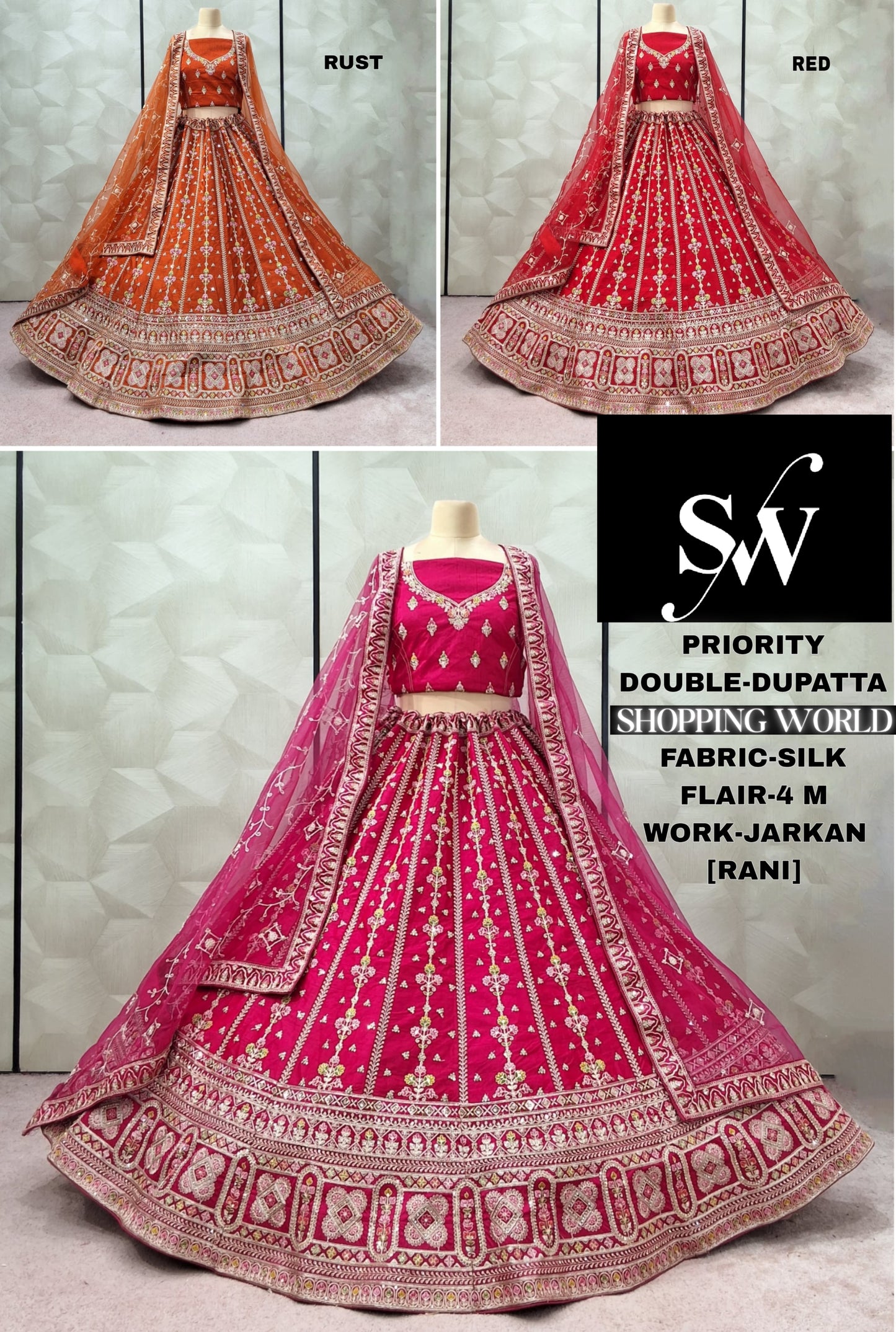Beautiful Red Rani pink Rust orange Double Duptta Silk Bridal Lehenga