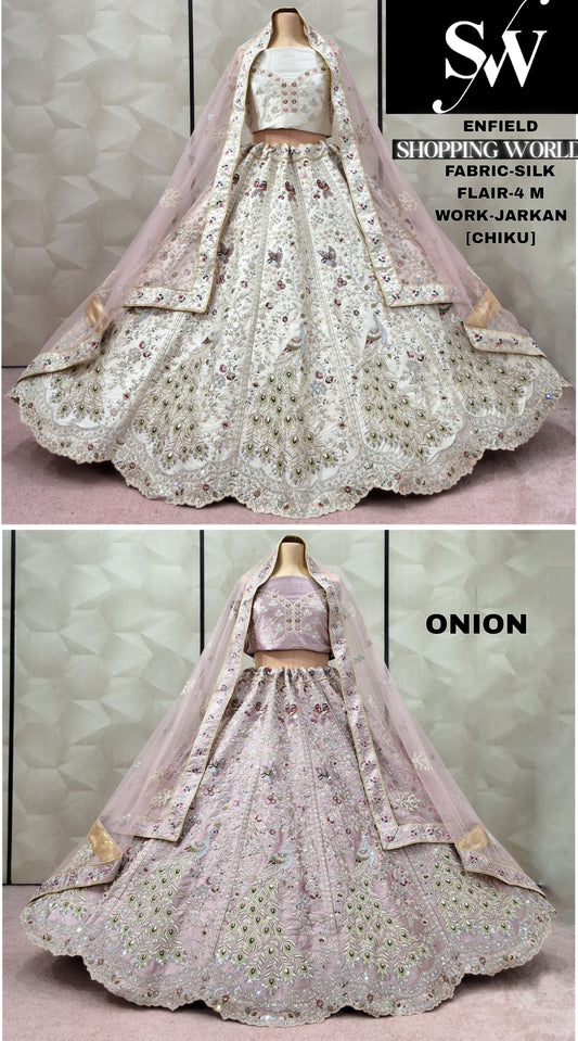 Good looking White Onion pink peacock Double Duptta Silk Bridal Lehenga