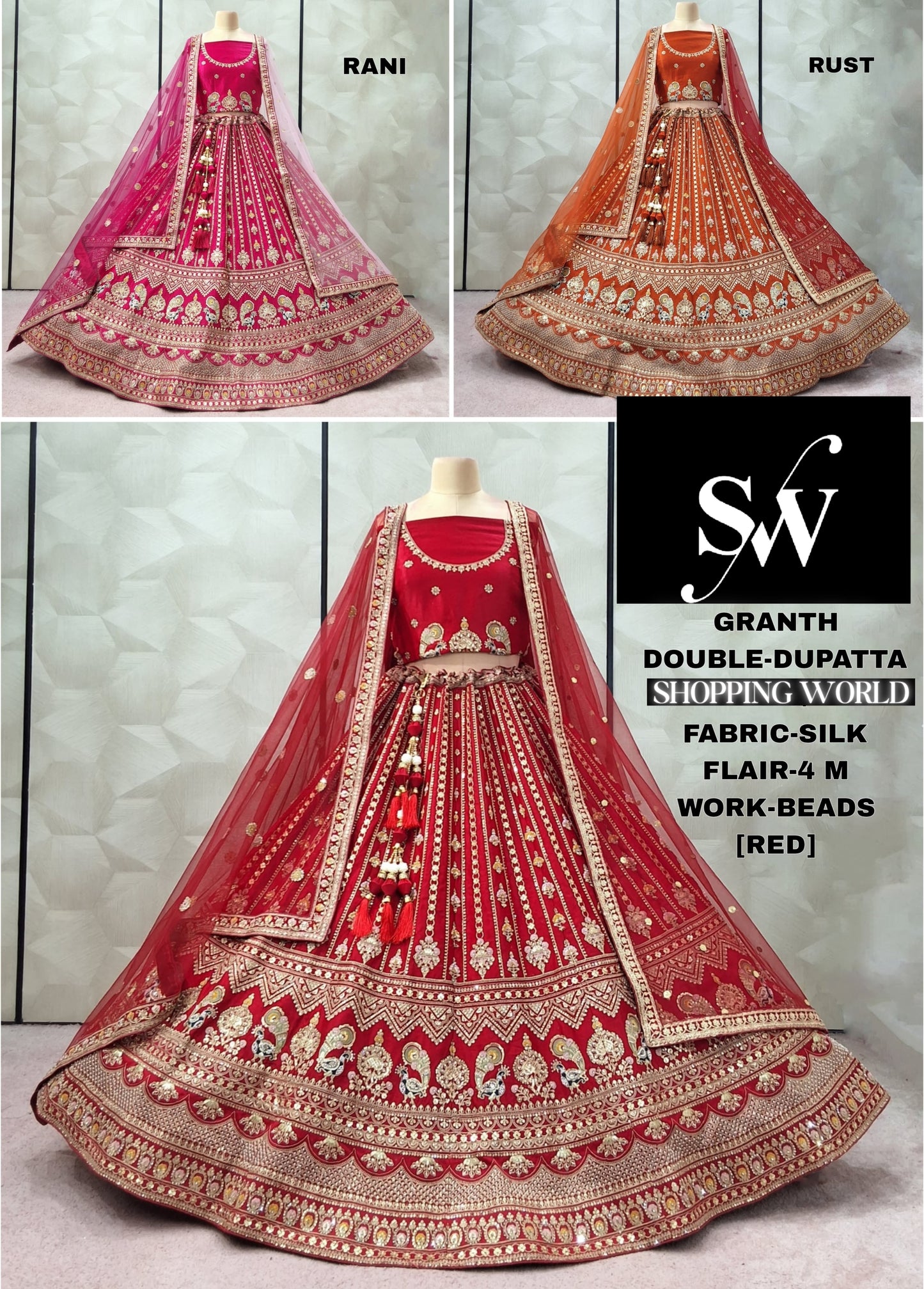 Gorgeous Rani pink Rust orange Red Double Duptta Silk Bridal Lehenga