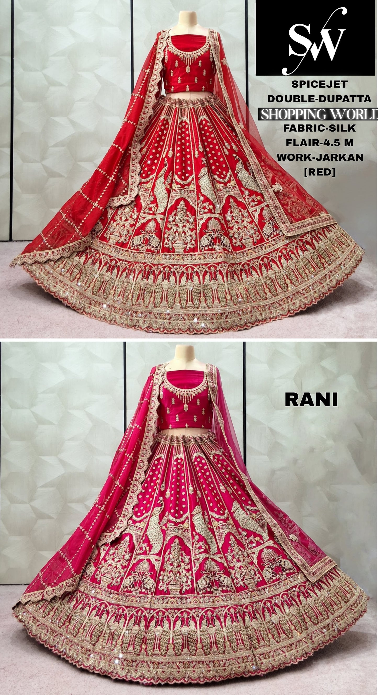 Designer Rani pink Red peacock Double Duptta Silk Bridal Lehenga