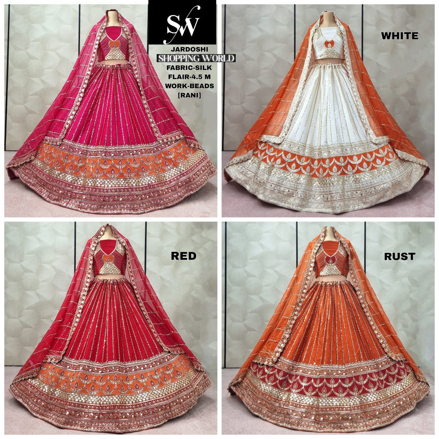 Glamorous Rani pink White Red Rust Double Duptta Silk Bridal Lehenga