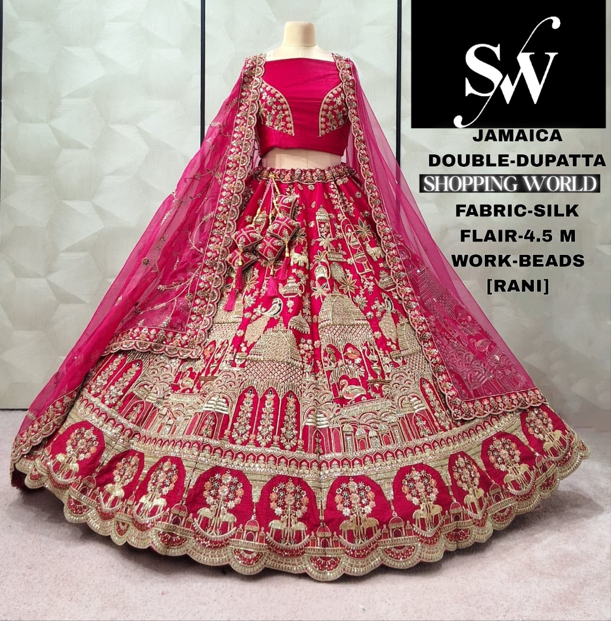 Attractive Red peacock Double Duptta Silk Bridal Lehenga