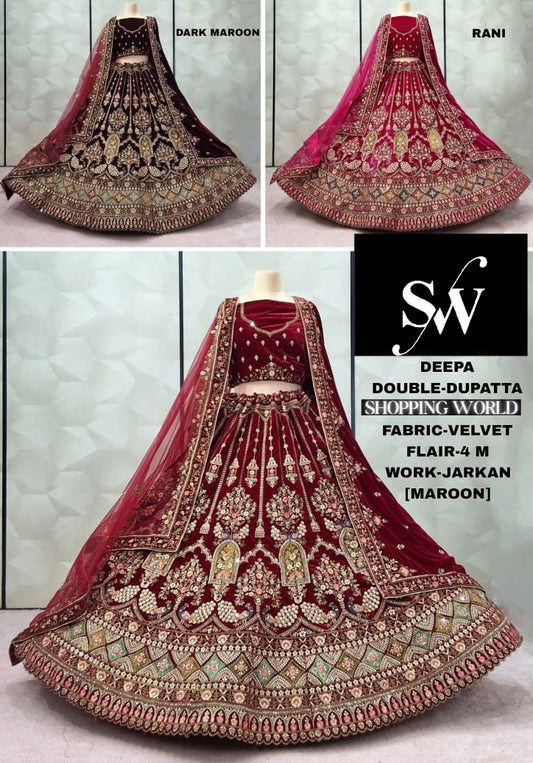 Fabulous Maroon Rani pink Dark maroon peacock Double Duptta Velvet Bridal Lehenga