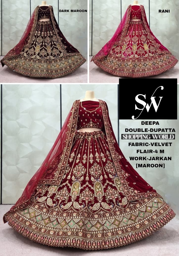 Fabulous Maroon Rani pink Dark maroon peacock Double Duptta Velvet Bridal Lehenga