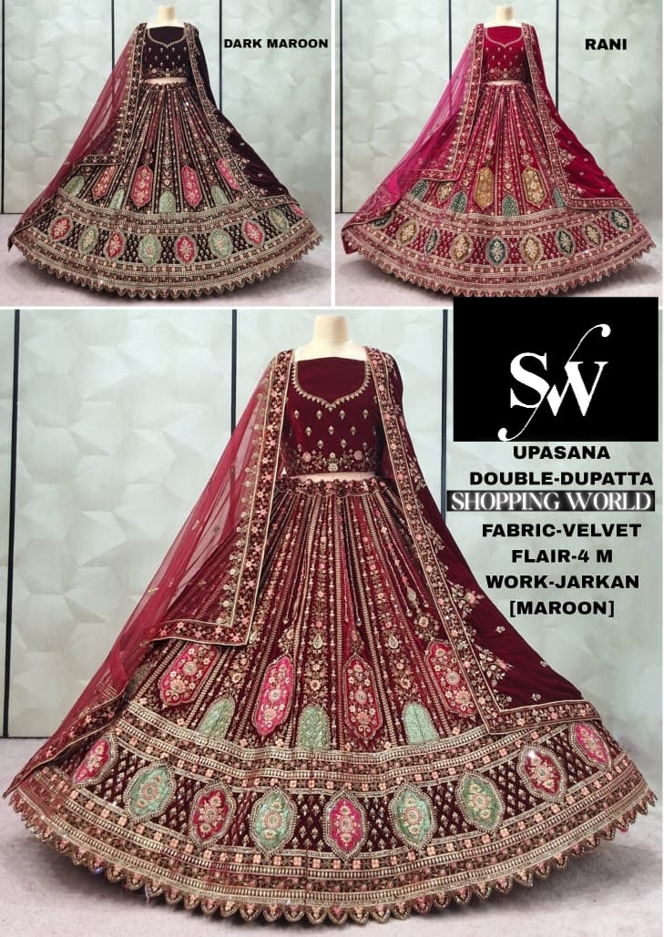 Fantastic Maroon Rani pink Dark maroon Double Duptta Velvet Bridal Lehenga