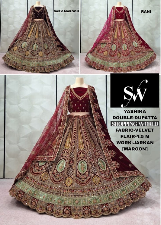 Eye catching Maroon Rani pink Dark maroon Double Duptta Velvet Bridal Lehenga