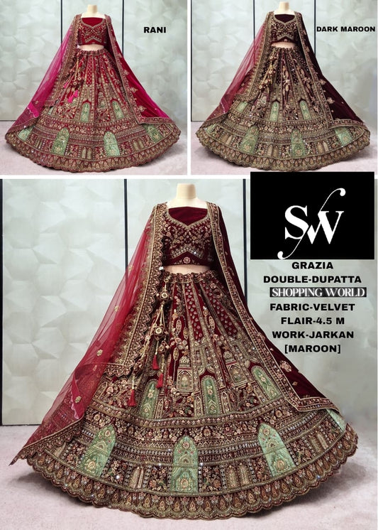 Majestic maroon Rani pink Dark maroon Double Duptta Velvet Bridal Lehenga