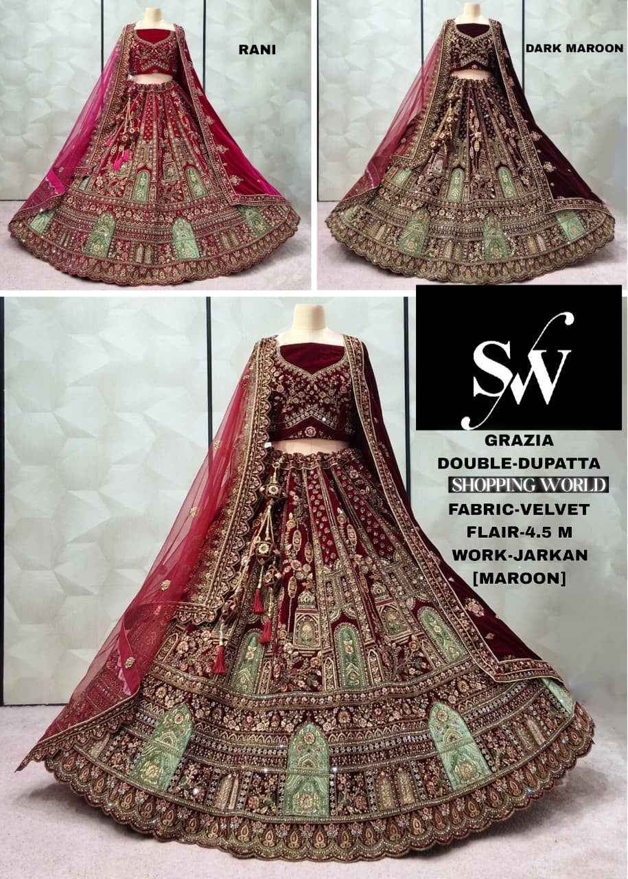 Majestic maroon Rani pink Dark maroon Double Duptta Velvet Bridal Lehenga