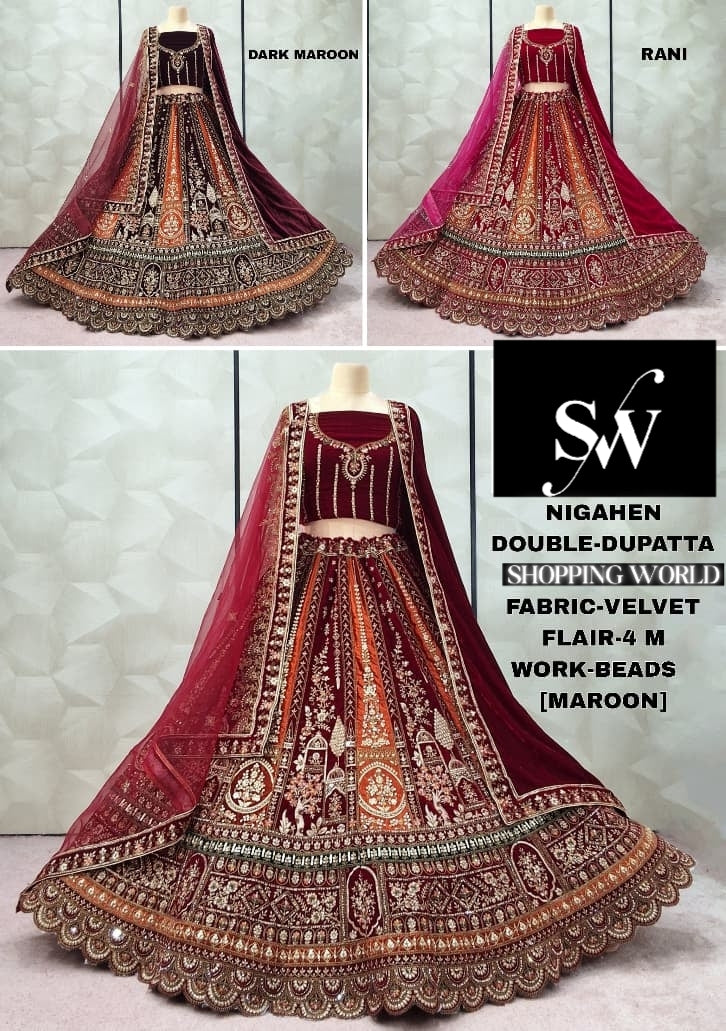 Pleasing maroon Dark maroon Rani pink Double Duptta Velvet Bridal Lehenga
