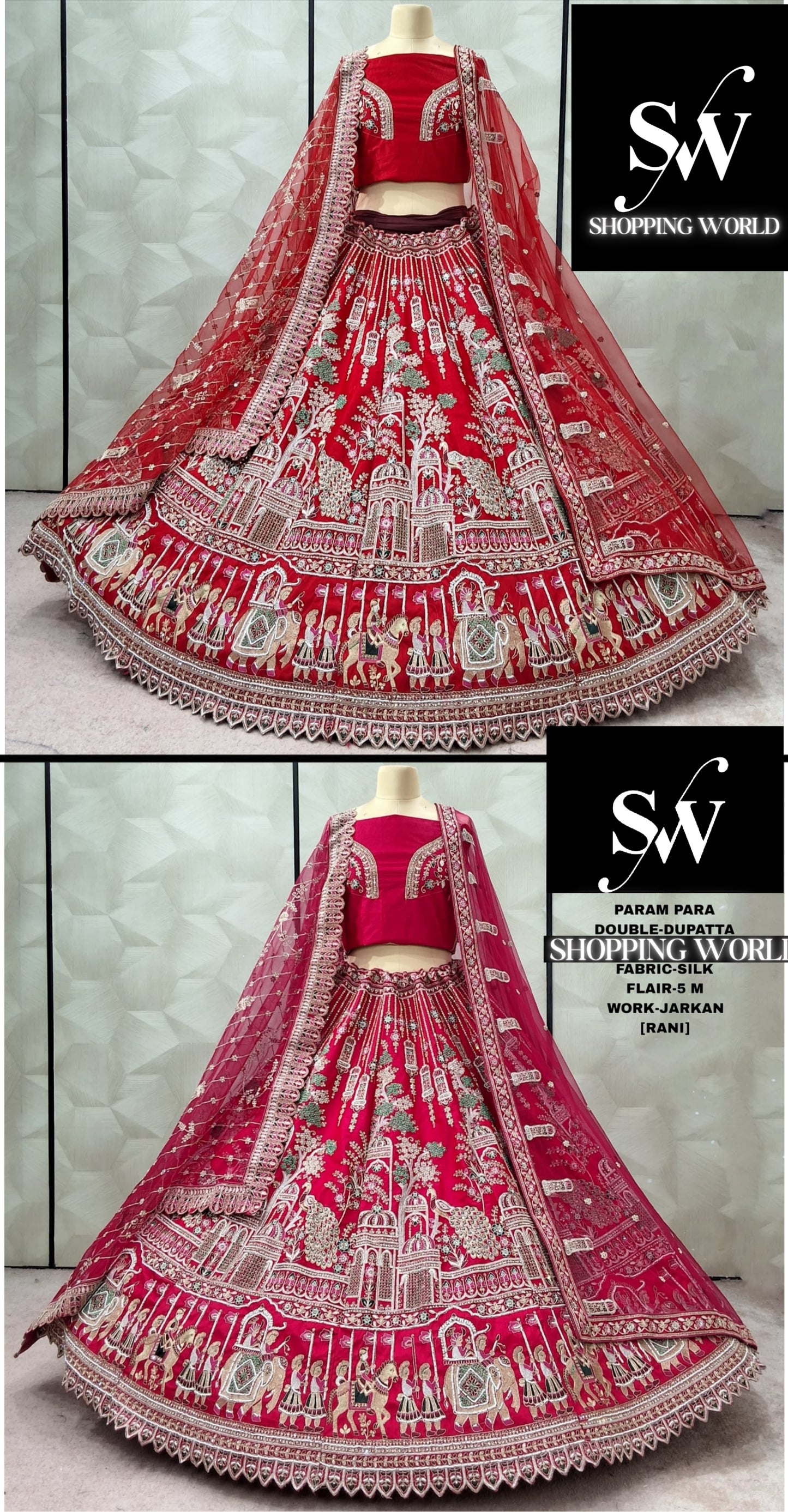 Attractive Rani pink Red Peacock Double Duptta Silk Bridal Lehenga