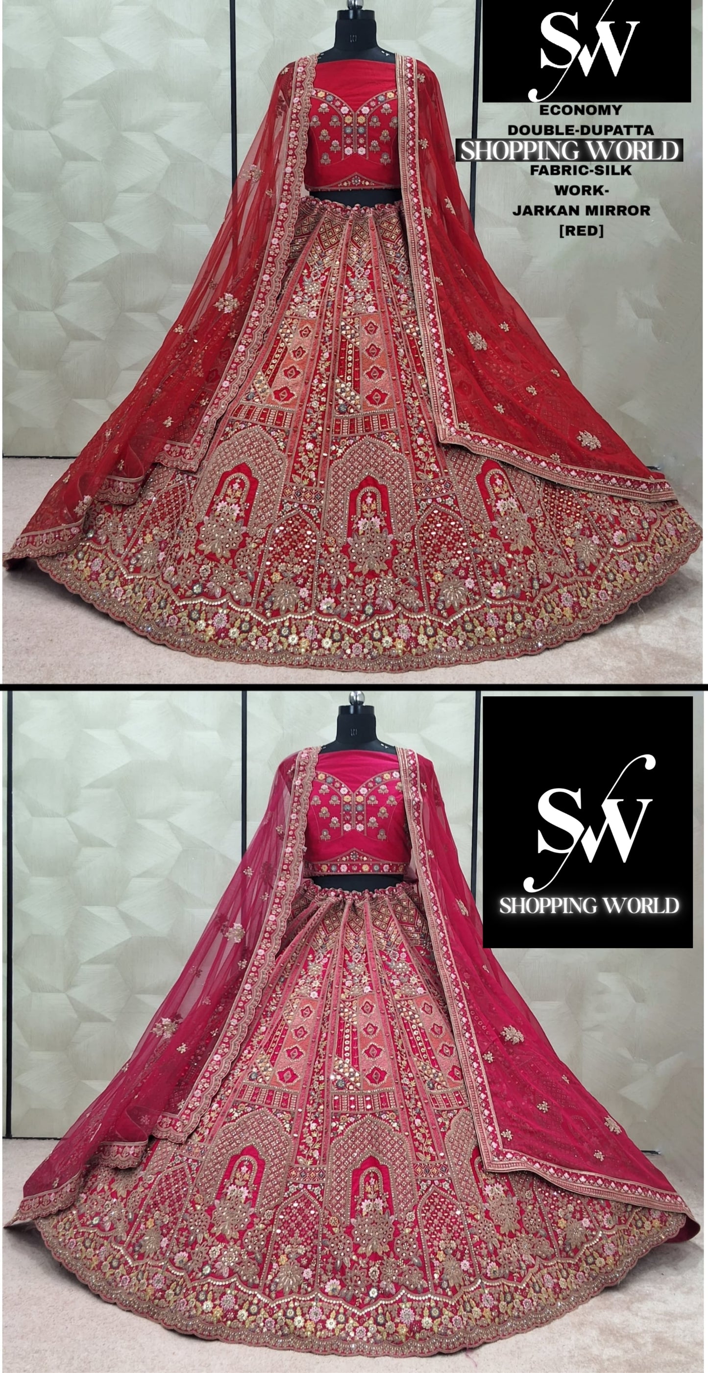 Fantastic Red pink Peacock Double Duptta Silk Bridal Lehenga