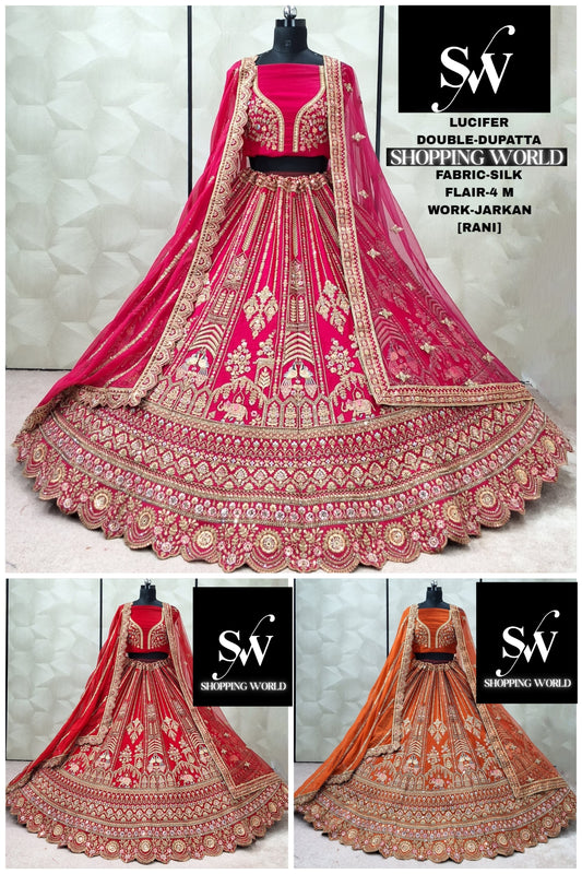 आकर्षक लाल रानी गुलाबी रस्ट ऑरेंज मोर पंख डबल दुपट्टा सिल्क ब्राइडल लेहंगा