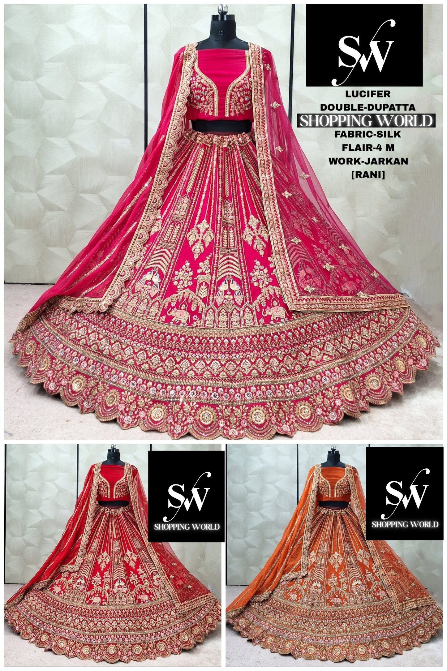 Engaging Red Rani pink Rust orange peacock Double Duptta Silk Bridal Lehenga